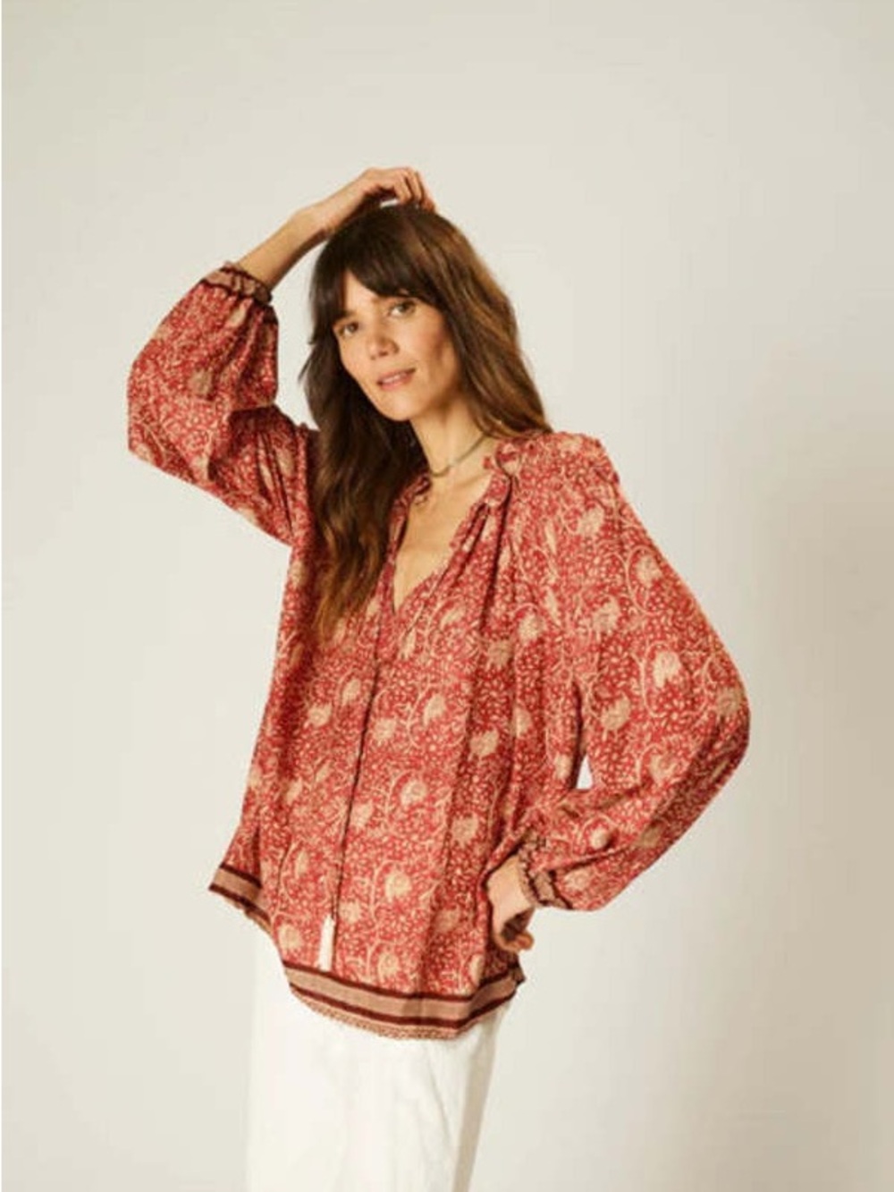 Natalie Martin Boho Red Printed Peasant Blouse water lily terracotta